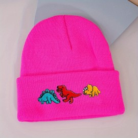 Dinosaur Embroidery Graphic Beanie Solid Color Trendy Couple Beanies Elastic Knit Hats Warm Skull Cap For Women & Men