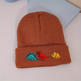 Dinosaur Embroidery Graphic Beanie Solid Color Trendy Couple Beanies Elastic Knit Hats Warm Skull Cap For Women & Men