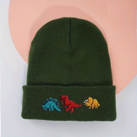 Dinosaur Embroidery Graphic Beanie Solid Color Trendy Couple Beanies Elastic Knit Hats Warm Skull Cap For Women & Men