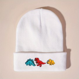 Dinosaur Embroidery Graphic Beanie Solid Color Trendy Couple Beanies Elastic Knit Hats Warm Skull Cap For Women & Men