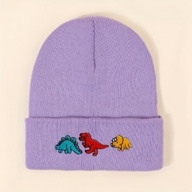 Dinosaur Embroidery Graphic Beanie Solid Color Trendy Couple Beanies Elastic Knit Hats Warm Skull Cap For Women & Men