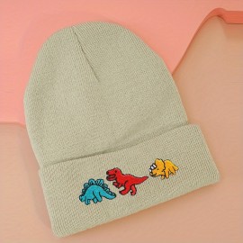 Dinosaur Embroidery Graphic Beanie Solid Color Trendy Couple Beanies Elastic Knit Hats Warm Skull Cap For Women & Men