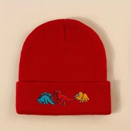 Dinosaur Embroidery Graphic Beanie Solid Color Trendy Couple Beanies Elastic Knit Hats Warm Skull Cap For Women & Men