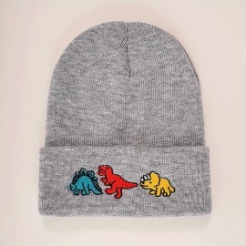 Dinosaur Embroidery Graphic Beanie Solid Color Trendy Couple Beanies Elastic Knit Hats Warm Skull Cap For Women & Men