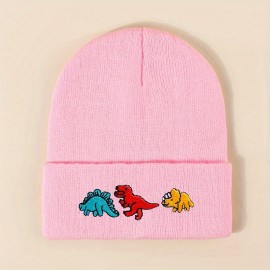 Dinosaur Embroidery Graphic Beanie Solid Color Trendy Couple Beanies Elastic Knit Hats Warm Skull Cap For Women & Men