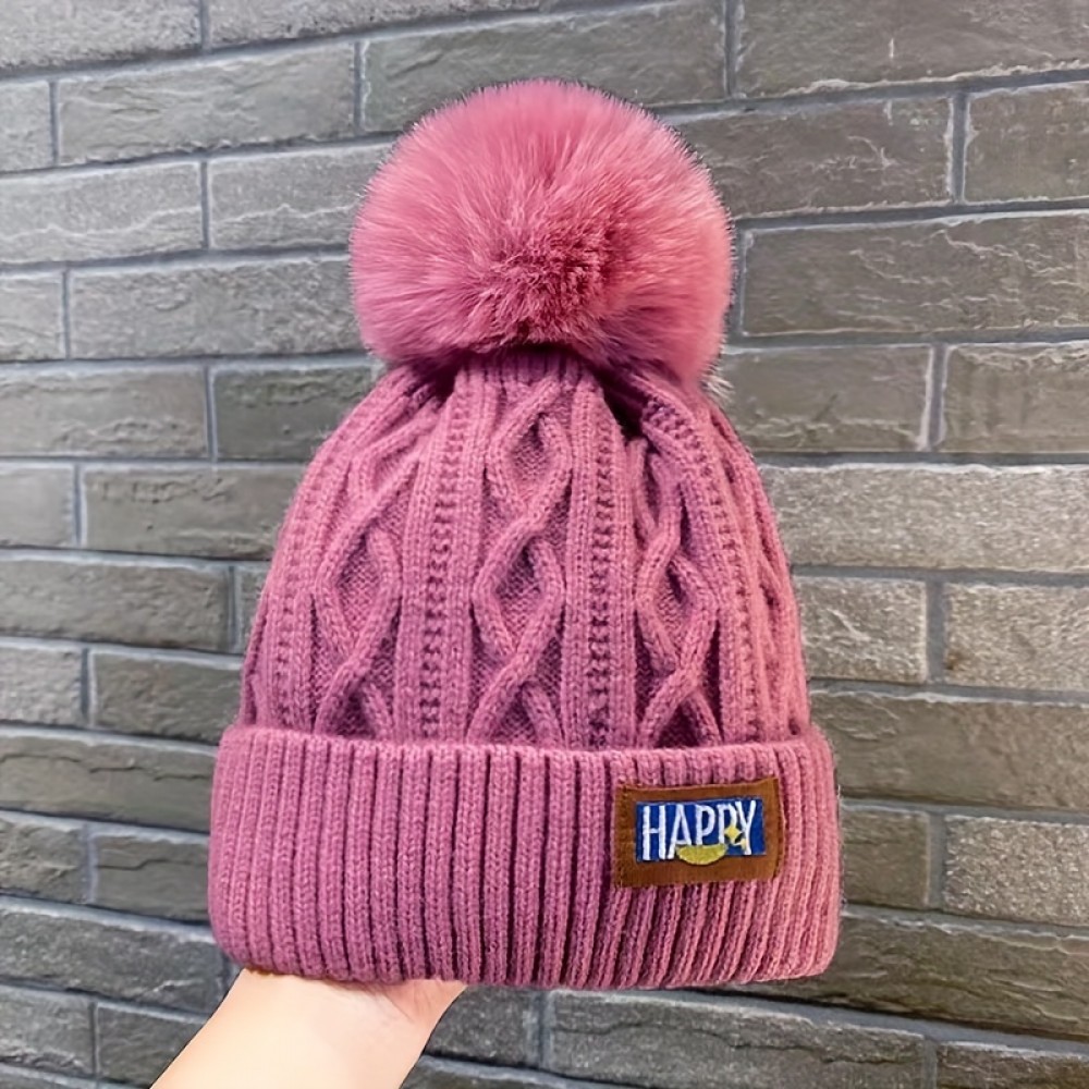 Winter Warm Beanie With Pom Ribbed Beanies Classic Label Patch Elastic Knit Hats Cuffed Skull Cap Coldproof Ski Hat For Women