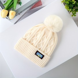 Winter Warm Beanie With Pom Ribbed Beanies Classic Label Patch Elastic Knit Hats Cuffed Skull Cap Coldproof Ski Hat For Women