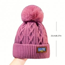 Winter Warm Beanie With Pom Ribbed Beanies Classic Label Patch Elastic Knit Hats Cuffed Skull Cap Coldproof Ski Hat For Women