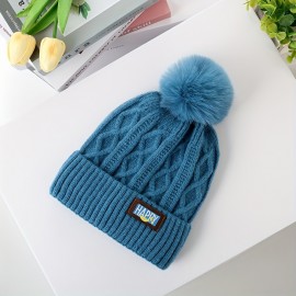 Winter Warm Beanie With Pom Ribbed Beanies Classic Label Patch Elastic Knit Hats Cuffed Skull Cap Coldproof Ski Hat For Women