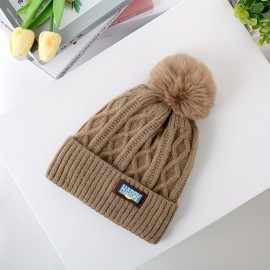 Winter Warm Beanie With Pom Ribbed Beanies Classic Label Patch Elastic Knit Hats Cuffed Skull Cap Coldproof Ski Hat For Women