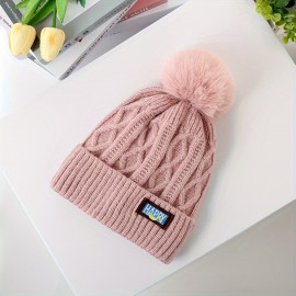 Winter Warm Beanie With Pom Ribbed Beanies Classic Label Patch Elastic Knit Hats Cuffed Skull Cap Coldproof Ski Hat For Women