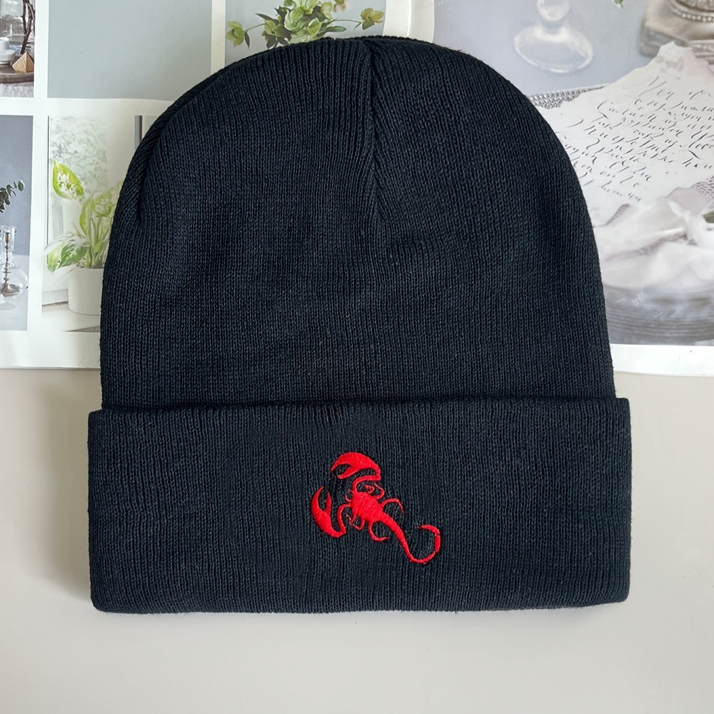 Red Scorpion Embroidery Graphic Beanie Simple Casual Elastic Knit Hats Black Cuffed Beanies Warm Skull Cap For Women & Men