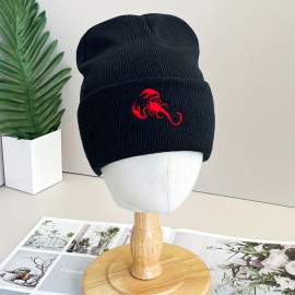 Red Scorpion Embroidery Graphic Beanie Simple Casual Elastic Knit Hats Black Cuffed Beanies Warm Skull Cap For Women & Men