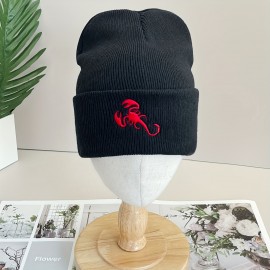 Red Scorpion Embroidery Graphic Beanie Simple Casual Elastic Knit Hats Black Cuffed Beanies Warm Skull Cap For Women & Men