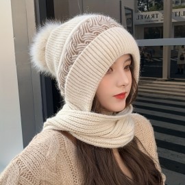 Classic Knit Hood Scarf Soft Elastic Beanie With Pom Thick Coldproof Plush Ear Warmer Knit Hats For Women Winter Outdoor