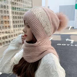 Classic Knit Hood Scarf Soft Elastic Beanie With Pom Thick Coldproof Plush Ear Warmer Knit Hats For Women Winter Outdoor