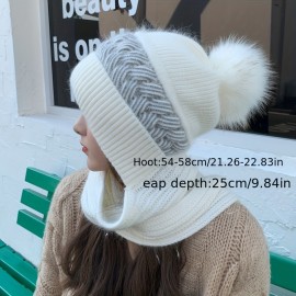 Classic Knit Hood Scarf Soft Elastic Beanie With Pom Thick Coldproof Plush Ear Warmer Knit Hats For Women Winter Outdoor