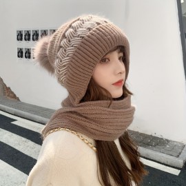 Classic Knit Hood Scarf Soft Elastic Beanie With Pom Thick Coldproof Plush Ear Warmer Knit Hats For Women Winter Outdoor