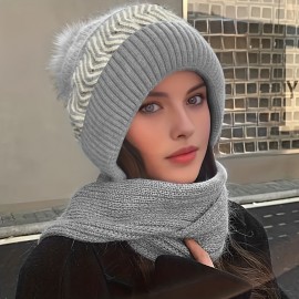 Classic Knit Hood Scarf Soft Elastic Beanie With Pom Thick Coldproof Plush Ear Warmer Knit Hats For Women Winter Outdoor