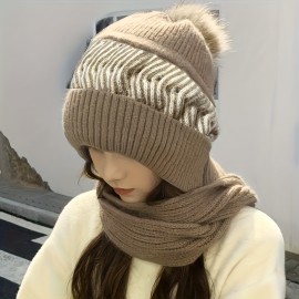 Classic Knit Hood Scarf Soft Elastic Beanie With Pom Thick Coldproof Plush Ear Warmer Knit Hats For Women Winter Outdoor