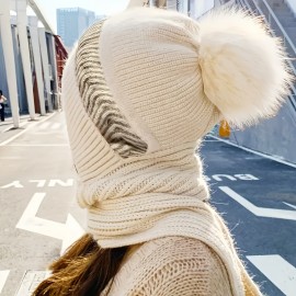 Classic Knit Hood Scarf Soft Elastic Beanie With Pom Thick Coldproof Plush Ear Warmer Knit Hats For Women Winter Outdoor