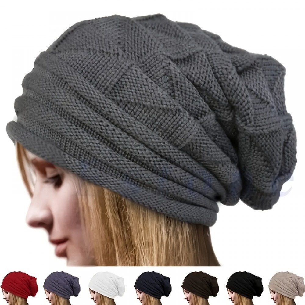 Oversized Slouchy Beanie Solid Color Winter Knit Hat Elastic Skull Cap Striped Knitted Warm Ski Hats Beanies For Women Outdoor