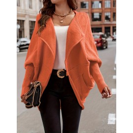 Plus Size Casual Cardigan, Women's Plus Solid Bat Sleeve Lapel Collar Medium Stretch Oversized Cardigan