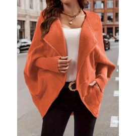 Plus Size Casual Cardigan, Women's Plus Solid Bat Sleeve Lapel Collar Medium Stretch Oversized Cardigan