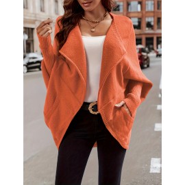 Plus Size Casual Cardigan, Women's Plus Solid Bat Sleeve Lapel Collar Medium Stretch Oversized Cardigan