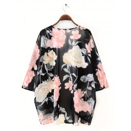 Plus Size Casual Cardigan, Women's Plus Floral Print Bat Sleeve Thin Summer Cardigan