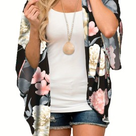 Plus Size Casual Cardigan, Women's Plus Floral Print Bat Sleeve Thin Summer Cardigan