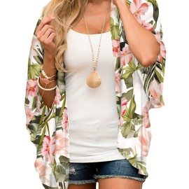 Plus Size Casual Cardigan, Women's Plus Floral Print Bat Sleeve Thin Summer Cardigan