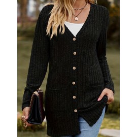 Plus Size Casual Cardigan, Women's Plus Ribbed Knit Long Sleeve Button Up Sweater Cardigan With Pockets