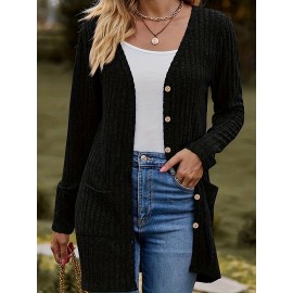 Plus Size Casual Cardigan, Women's Plus Ribbed Knit Long Sleeve Button Up Sweater Cardigan With Pockets