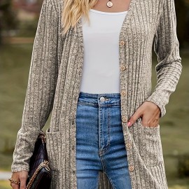 Plus Size Casual Cardigan, Women's Plus Ribbed Knit Long Sleeve Button Up Sweater Cardigan With Pockets