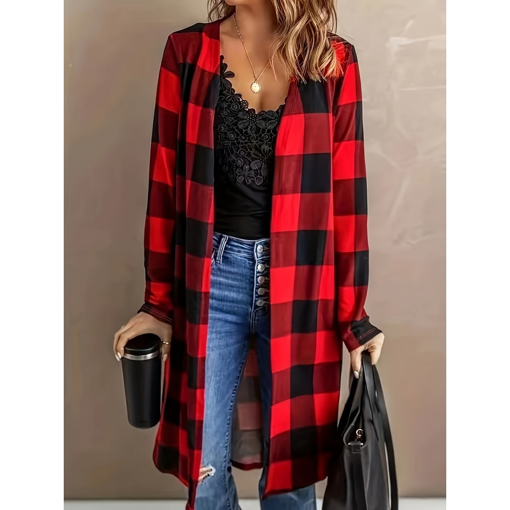 Plus Size Casual Cardigan, Women's Plus Plaid Print Long Sleeve Open Front Slight Stretch Cardigan