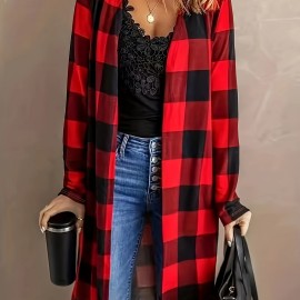 Plus Size Casual Cardigan, Women's Plus Plaid Print Long Sleeve Open Front Slight Stretch Cardigan