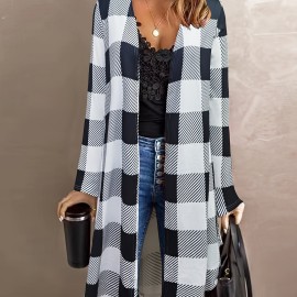 Plus Size Casual Cardigan, Women's Plus Plaid Print Long Sleeve Open Front Slight Stretch Cardigan