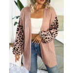 Plus Size Casual Cardigan, Women's Plus Colorblock Leopard Print Lantern Sleeve Open Front Slight Stretch Cardigan