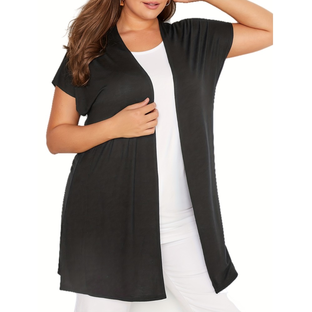 Plus Size Casual Cardigan, Women's Plus Solid Cap Sleeve Open Front High Stretch Cardigan