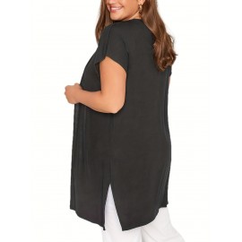 Plus Size Casual Cardigan, Women's Plus Solid Cap Sleeve Open Front High Stretch Cardigan