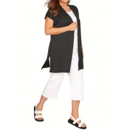 Plus Size Casual Cardigan, Women's Plus Solid Cap Sleeve Open Front High Stretch Cardigan