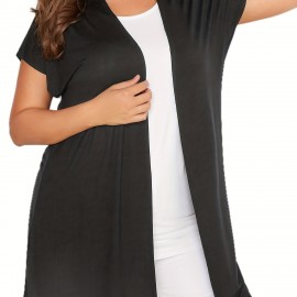 Plus Size Casual Cardigan, Women's Plus Solid Cap Sleeve Open Front High Stretch Cardigan