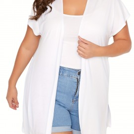 Plus Size Casual Cardigan, Women's Plus Solid Cap Sleeve Open Front High Stretch Cardigan