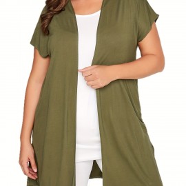 Plus Size Casual Cardigan, Women's Plus Solid Cap Sleeve Open Front High Stretch Cardigan