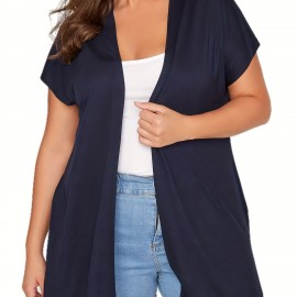 Plus Size Casual Cardigan, Women's Plus Solid Cap Sleeve Open Front High Stretch Cardigan