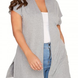 Plus Size Casual Cardigan, Women's Plus Solid Cap Sleeve Open Front High Stretch Cardigan