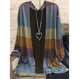 Plus Size Casual Cardigan, Women's Plus Colorblock Long Sleeve Open Front Cardigan With Pockets