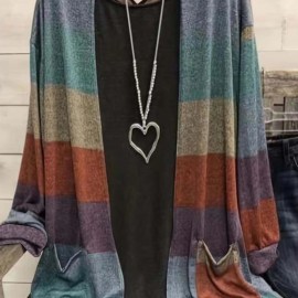 Plus Size Casual Cardigan, Women's Plus Colorblock Long Sleeve Open Front Cardigan With Pockets