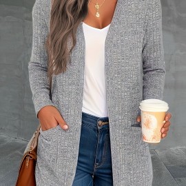 Plus Size basic Cardigan, Women's Plus Solid Long Sleeve Open Front Cardigan With Pockets